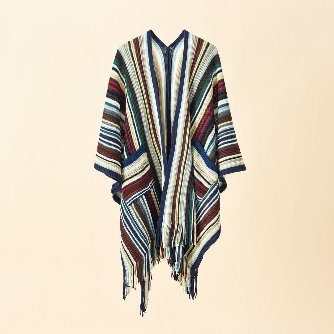 Damen Gestreifter Strickponcho mit Fransen und Eingrifftaschen Shop Nory