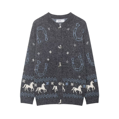 Damen Strickcardigan mit Pferde- und Hufeisen-Jacquard sowie dekorativen Stiefelknöpfen Shop Nory