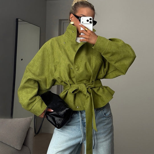 Damen Taillierte Kurzjacke in Velourslederoptik mit weitem Ärmel und Bindegürtel Shop Nory