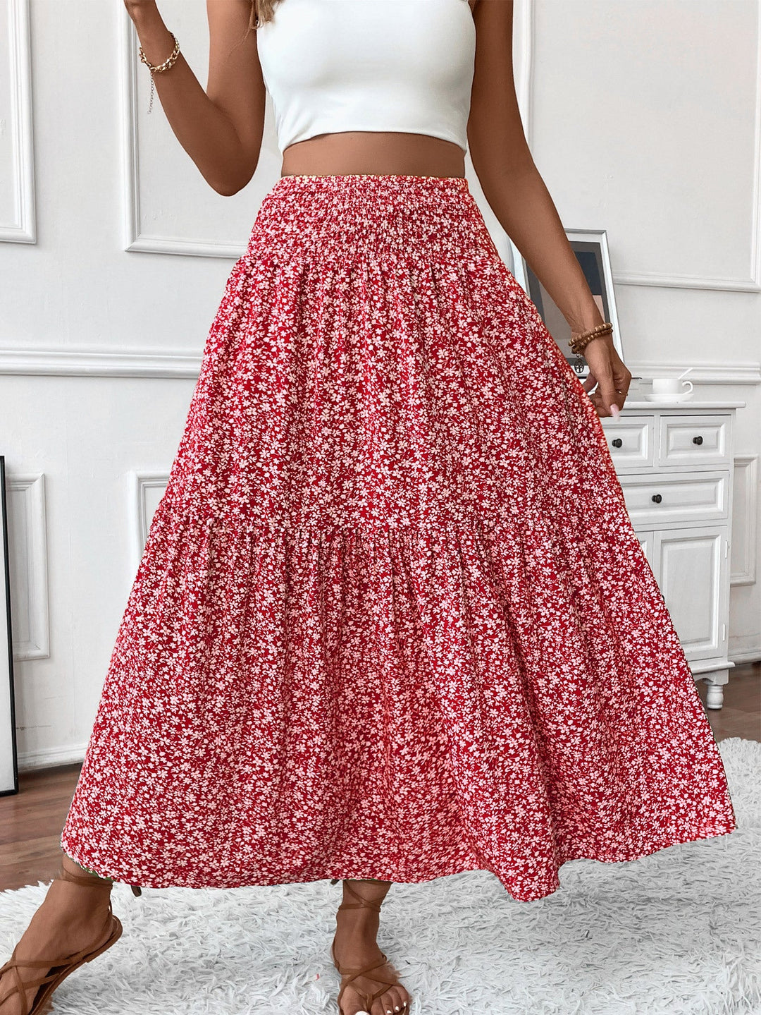 Damen Langer Rock mit floralem Print und elastischem Bund