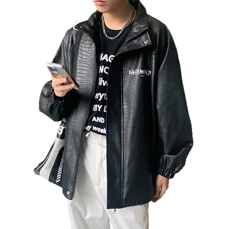 Herren Oversized Kunstlederjacke mit Krokodilprägung und Rückenlogo Shop Nory