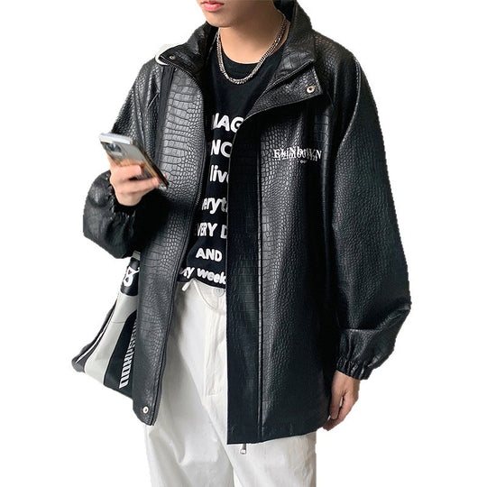 Herren Oversized Kunstlederjacke mit Krokodilprägung und Rückenlogo Shop Nory