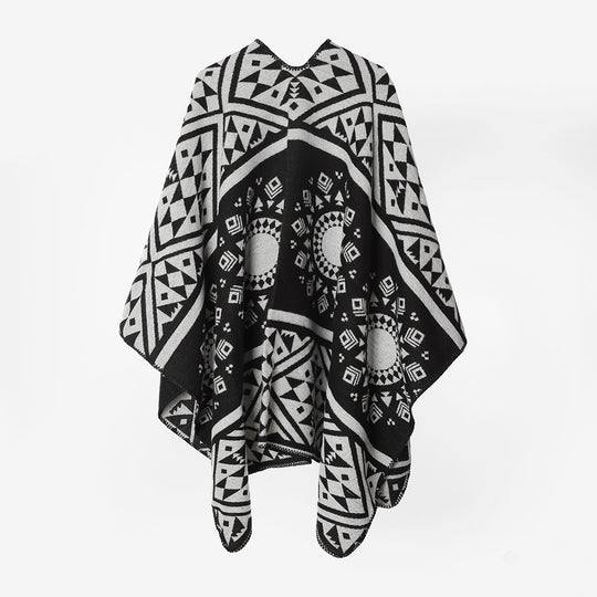 Damen Gewebter Oversize-Capeponcho mit aztekischem Jacquardmuster und dekorativer Kettelkante Shop Nory