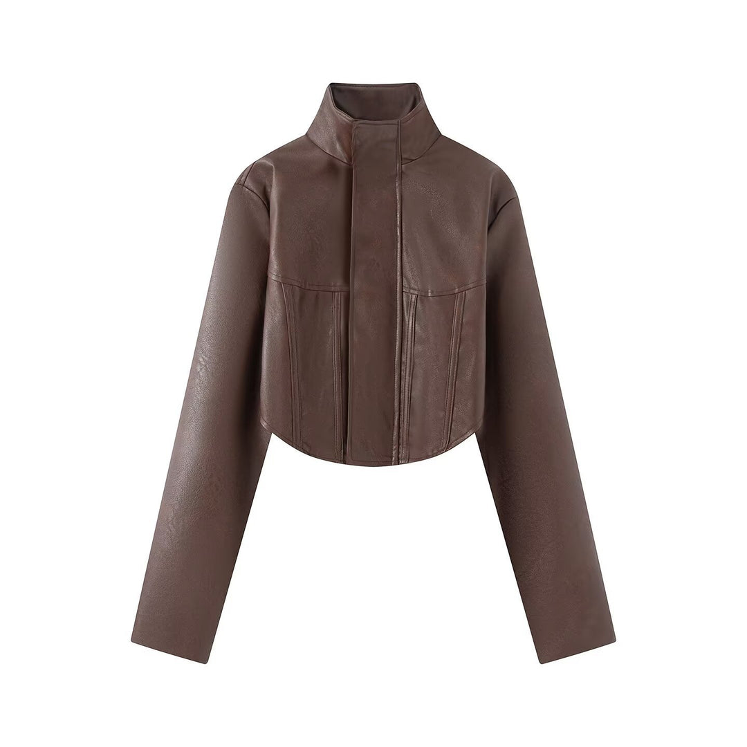Damen Gekürzte Kunstleder-Jacke mit Stehkragen und taillierten Teilungsnähten Shop Nory