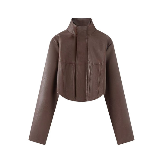 Damen Gekürzte Kunstleder-Jacke mit Stehkragen und taillierten Teilungsnähten Shop Nory