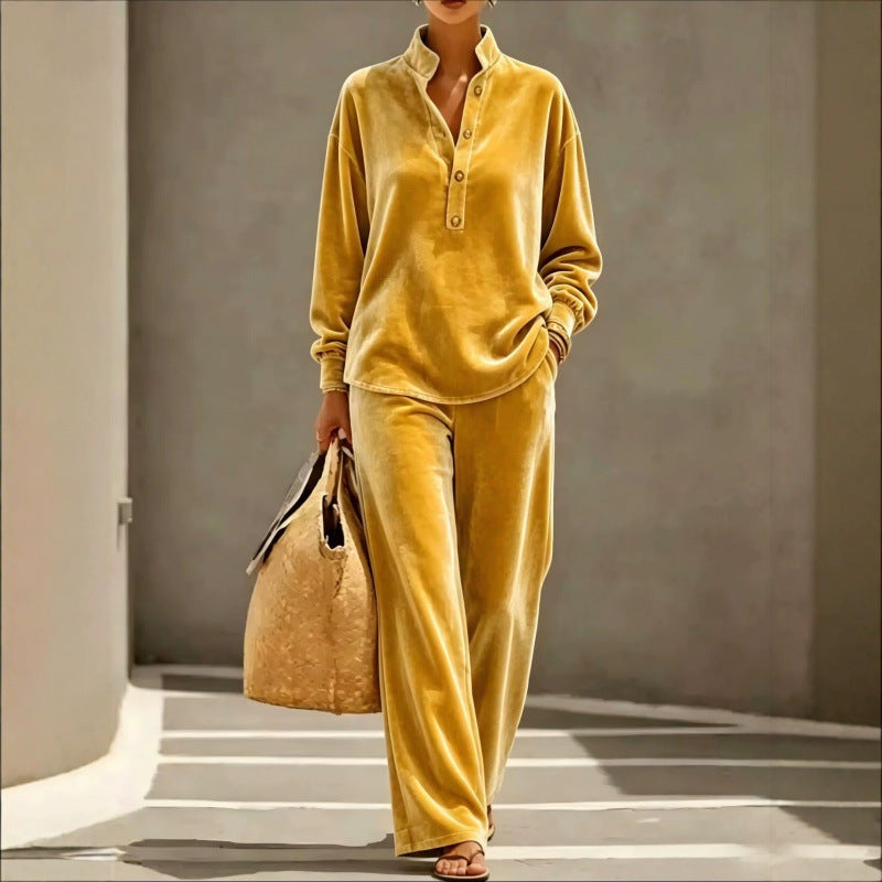 Damen Velours-Loungewear-Set mit Stehkragen-Henleytop und weiter Palazzohose Shop Nory
