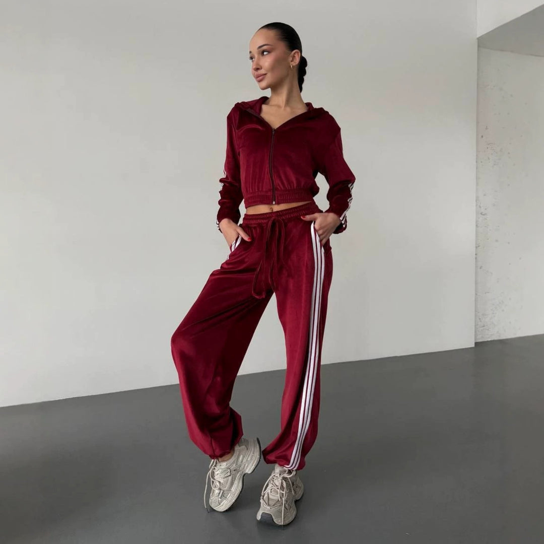 Damen Retro-Samt Trainingsanzug mit seitlichen Streifen, hochgeschnittener Bund und Reißverschluss Shop Nory