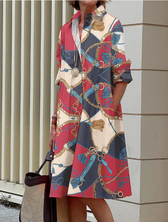 Damen Lockeres Hemdblusenkleid aus Satinoptik mit barockem Ketten‑Print und 3/4‑Ärmeln Shop Nory