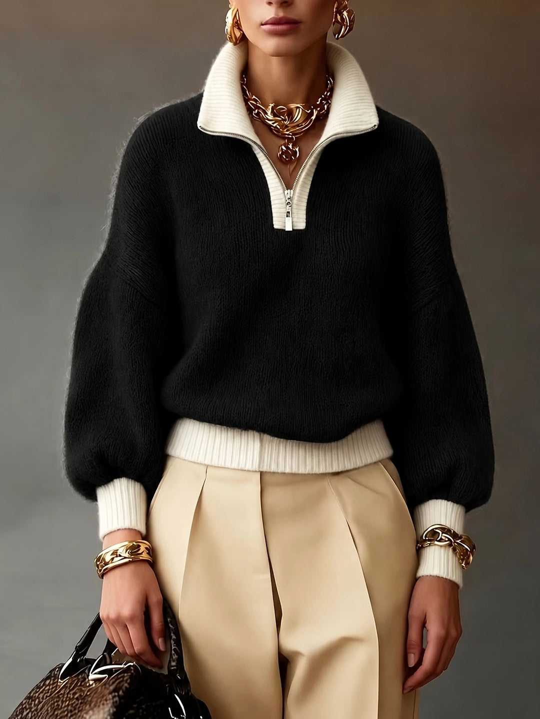 Damen Flauschiger Pullover mit halbem Reißverschluss, Stehkragen und Ballonärmeln Shop Nory
