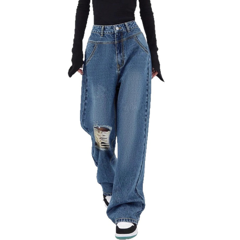 Damen hochtaillierte Oversized-Baggy-Jeans mit Knie-Rip und weitem Bein Shop Nory