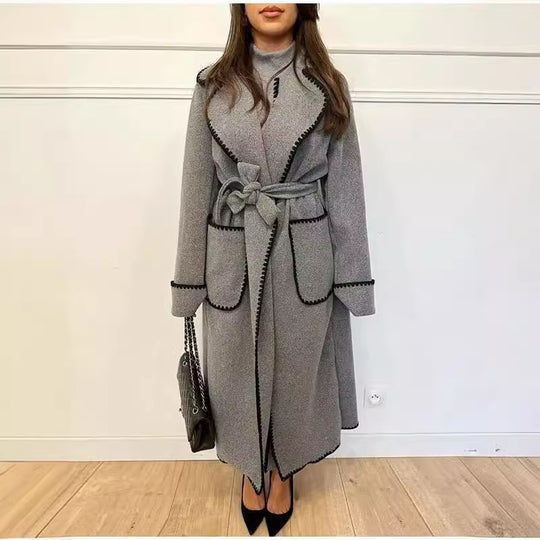 Damen Wickel-Mantel aus Wollmix mit Zackenbesatz und Bindegürtel Shop Nory