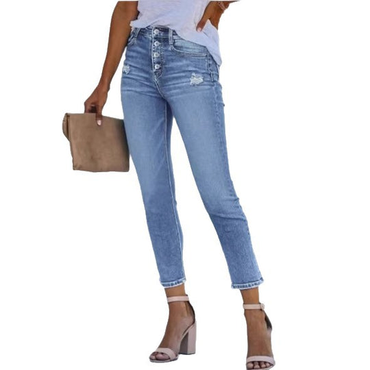 Damen Hochtaillierte Slim-Jeans mit sichtbarer Knopfleiste und knöchellanger Passform Shop Nory