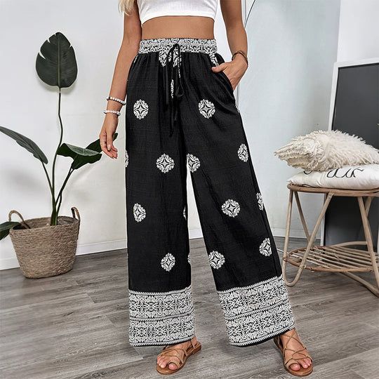 Damen Boho-Print Palazzohose mit weitem Bein, elastischem Tunnelzugbund und seitlichen Taschen Shop Nory
