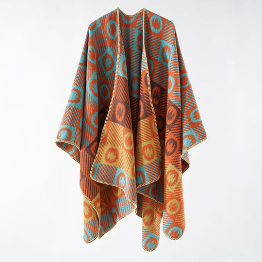 Damen Jacquard-Wickelponcho aus feinem Strick mit grafischem Kreis-Jacquard und offener Kimono-Silhouette Shop Nory