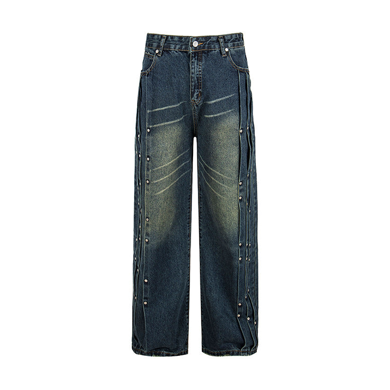 Damen Weite Denim-Jeans mit Druckknopf-Seitenleisten, hoher Taille und Used-Waschung Shop Nory