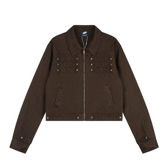 Damen Kurz geschnittene Canvas-Jacke mit Hemdkragen und Pyramidennieten Shop Nory