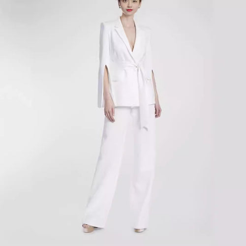 Damen Taillierter Cape-Blazer mit Bindegürtel und weiten Palazzohosen Shop Nory