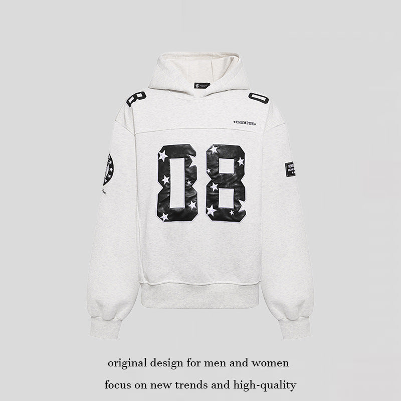 Damen Oversize Kapuzen-Sweatshirt mit großflächigem Zahlendruck und Sternapplikationen Shop Nory
