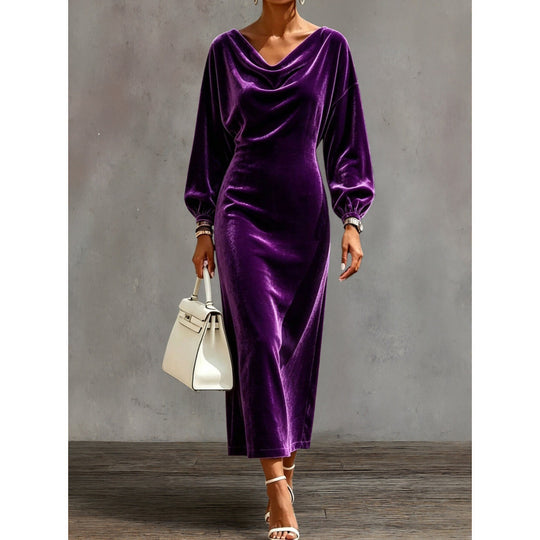 Damen Midikleid aus Samt mit drapiertem Wasserfallkragen und Ballonärmeln Shop Nory
