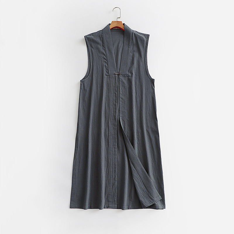 Damen Langer ärmelloser Kimono-Weste aus Leinenmix mit schmaler Schalkante und dekorativem Knebelverschluss Shop Nory