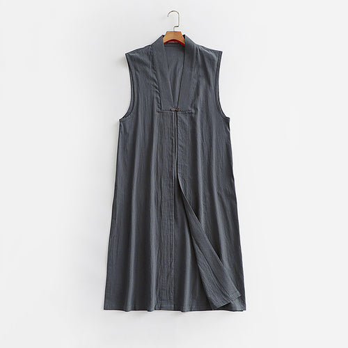 Damen Langer ärmelloser Kimono-Weste aus Leinenmix mit schmaler Schalkante und dekorativem Knebelverschluss Shop Nory