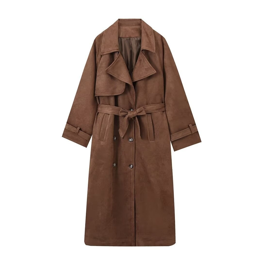 Damen langer Wildleder-Trenchcoat mit Taillengürtel Shop Nory