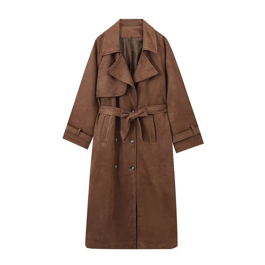 Damen langer Wildleder-Trenchcoat mit Taillengürtel Shop Nory