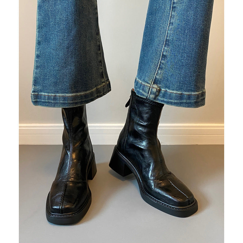 Damen Stiefeletten mit dickem Absatz und Reißverschlussverschluss