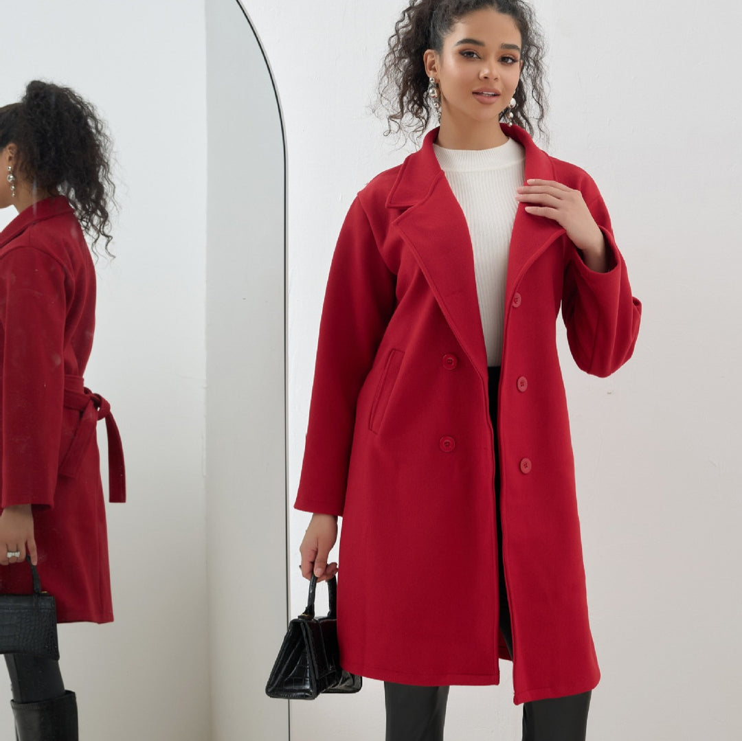 Damen Eleganter knielanger Zweireihiger Wollblend-Mantel mit Reverskragen Shop Nory
