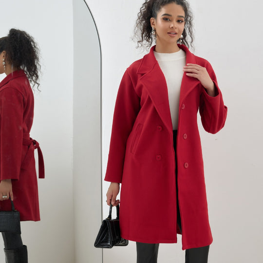 Damen Eleganter knielanger Zweireihiger Wollblend-Mantel mit Reverskragen Shop Nory