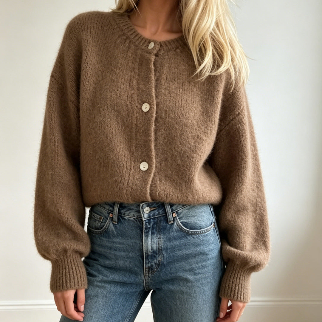 Damen Kuschelige Mohair-Optik Strickjacke mit Rundhals und Ballonärmeln Shop Nory