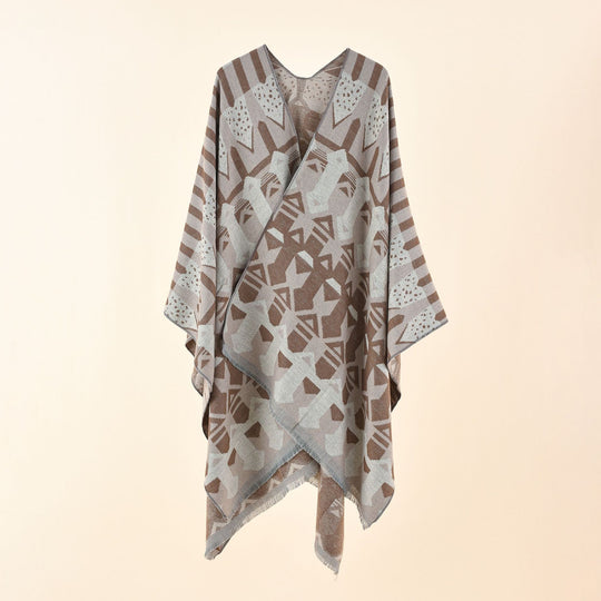 Damen Strick-Überwurfcape im Ruana-Stil mit grafischem Jacquard und Fransensaum Shop Nory