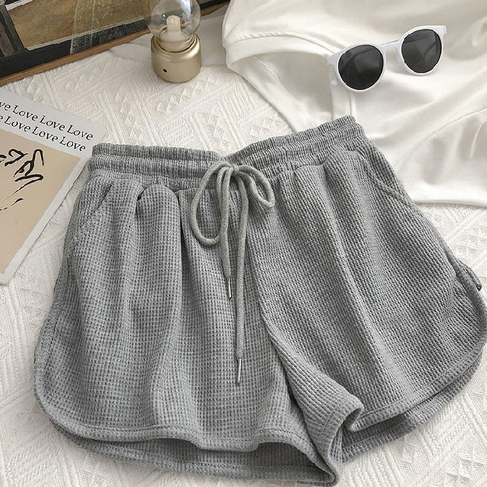 Damen lässige Waffelstruktur-Shorts mit verstellbarem Kordelzug und elastischem Bund