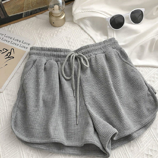 Damen lässige Waffelstruktur-Shorts mit verstellbarem Kordelzug und elastischem Bund