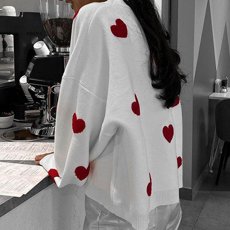 Damen Oversize-Feinstrickpullover mit Allover-Herzintarsien und überschnittenen Schultern Shop Nory