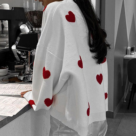 Damen Oversize-Feinstrickpullover mit Allover-Herzintarsien und überschnittenen Schultern Shop Nory