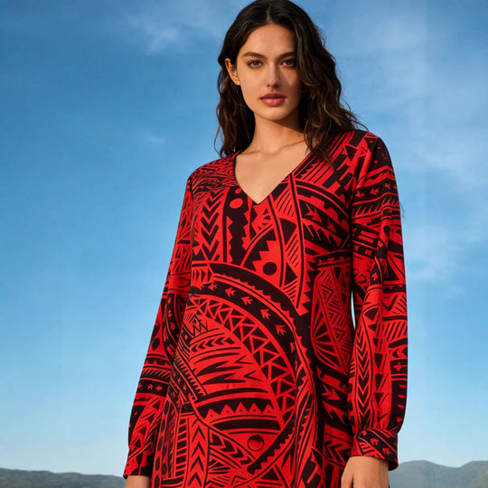 Damen Fließendes Maxikleid mit V-Ausschnitt, allover-geometrischem Print und weiter A-Linie Shop Nory