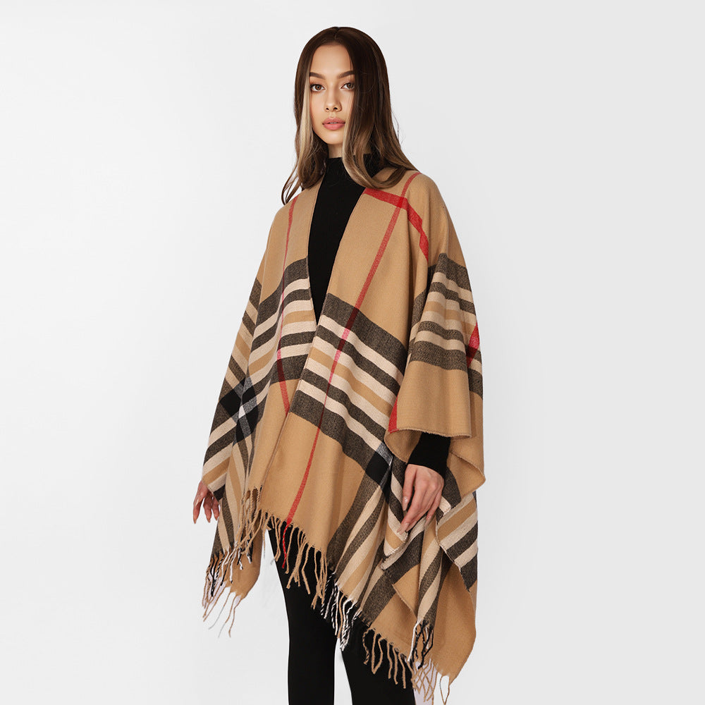 Damen Karierter Wollmix-Poncho mit Fransen und offenem Kimono-Schnitt Shop Nory