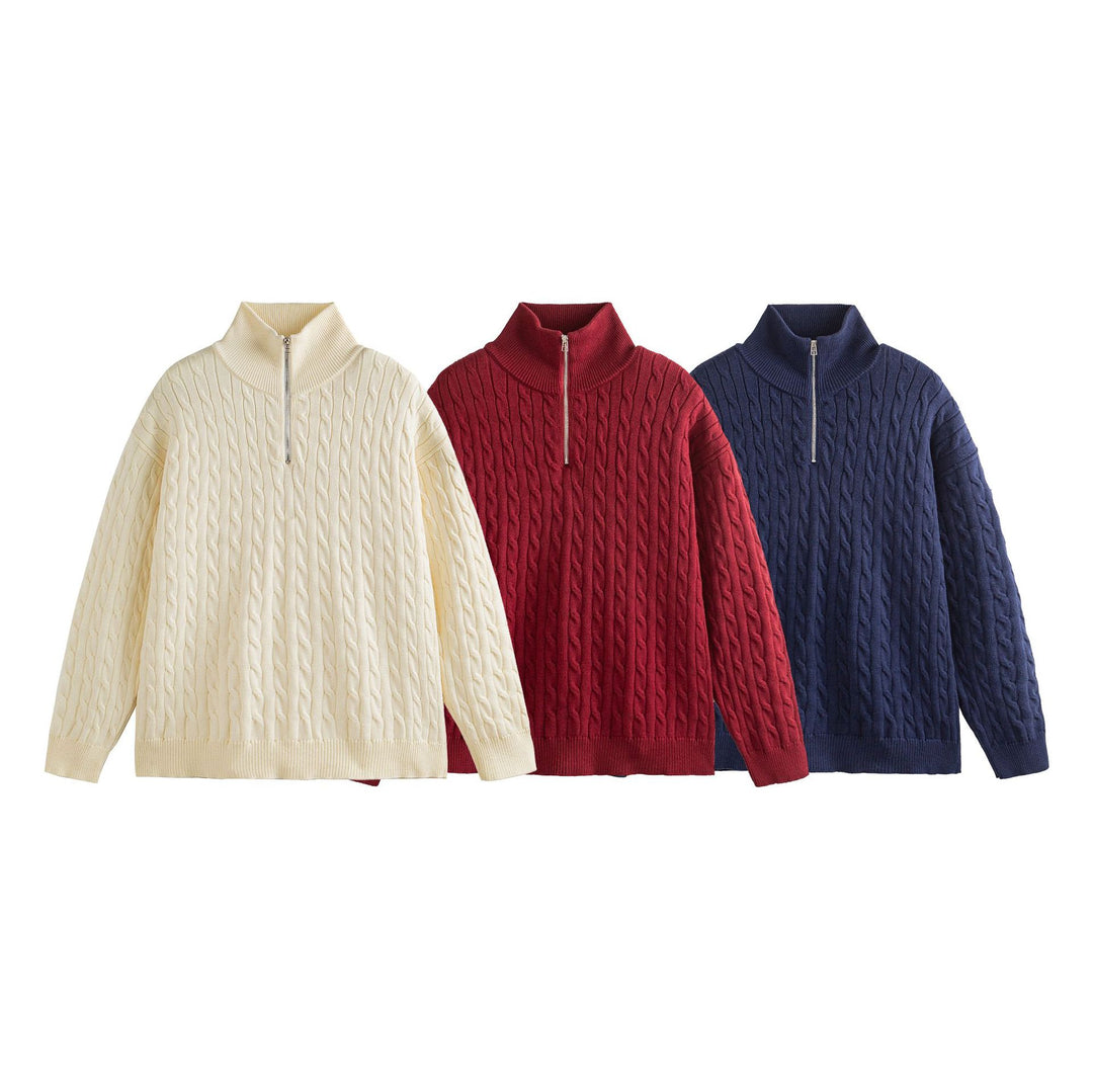Unisex Grobgestrickter Zopfmuster-Pullover mit Halbzip und hohem Rippkragen Shop Nory