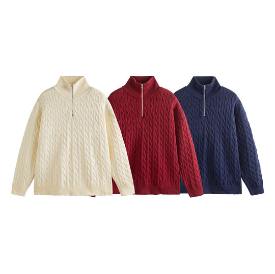 Unisex Grobgestrickter Zopfmuster-Pullover mit Halbzip und hohem Rippkragen Shop Nory