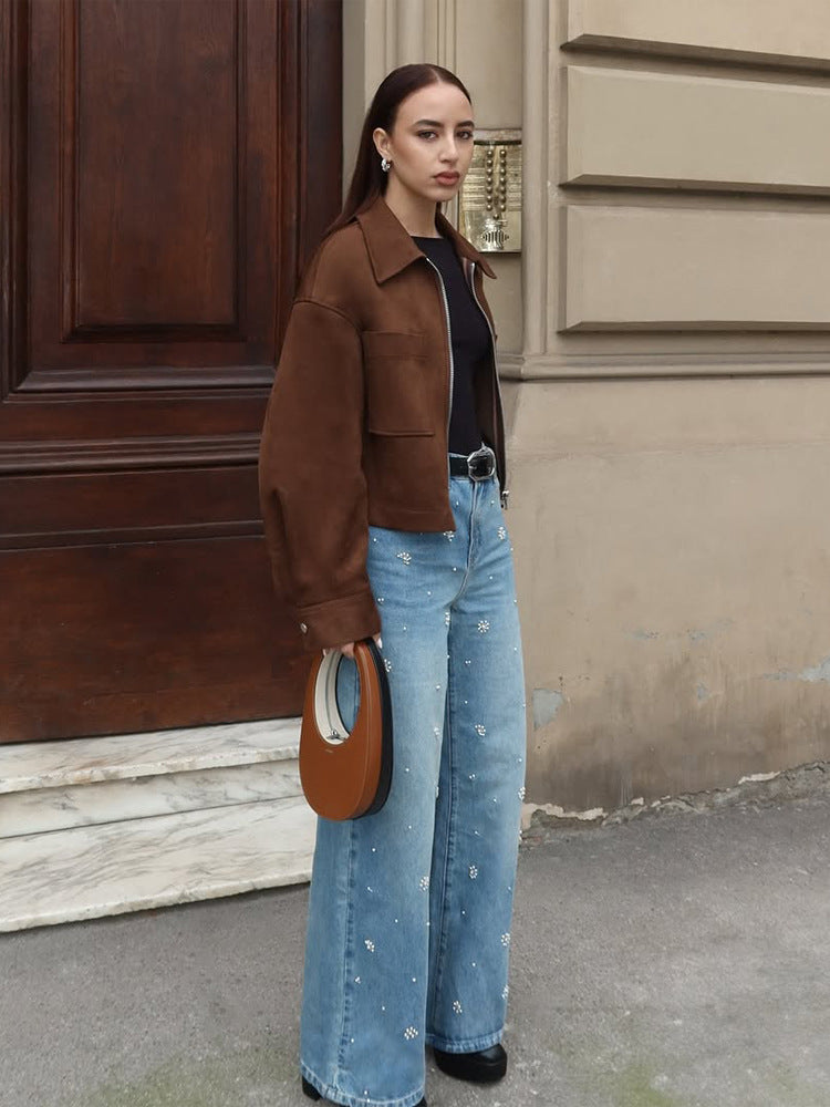 Damen Kurze Veloursleder‑Optik Jacke mit Reißverschluss und Oversize‑Ärmeln Shop Nory