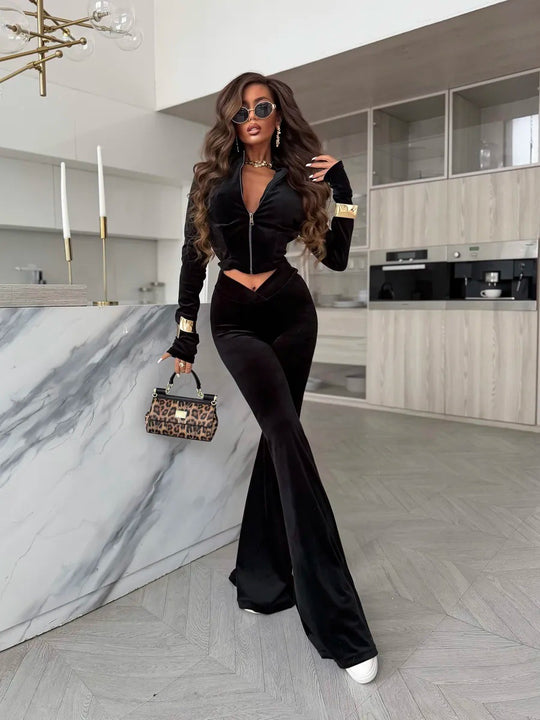 Damen Samt-Cropped-Set mit Reißverschlussjacke und V-förmiger taillenhoher Schlaghose Shop Nory