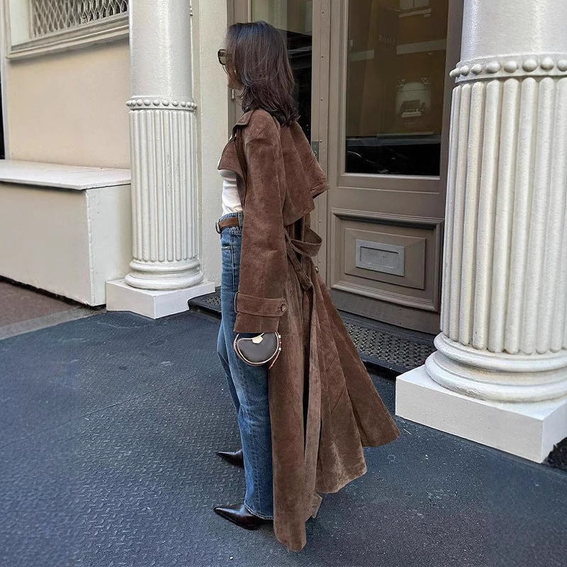 Damen langer Wildleder-Trenchcoat mit Taillengürtel Shop Nory