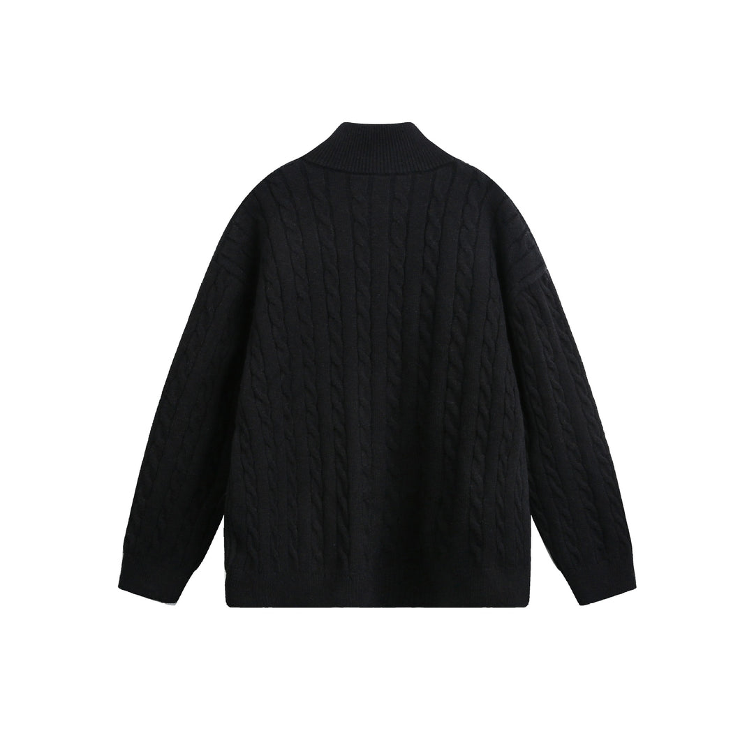 Unisex Grobstrick-Pullover mit Zopfmuster, hohem Stehkragen und Zwei-Wege-Reißverschluss Shop Nory
