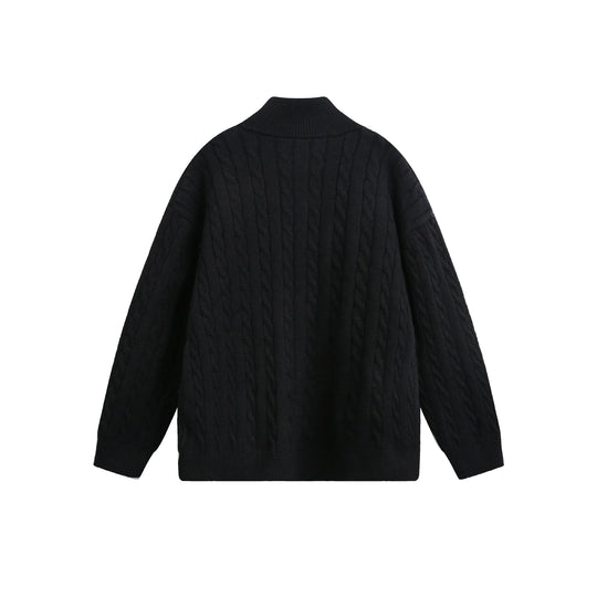 Unisex Grobstrick-Pullover mit Zopfmuster, hohem Stehkragen und Zwei-Wege-Reißverschluss Shop Nory