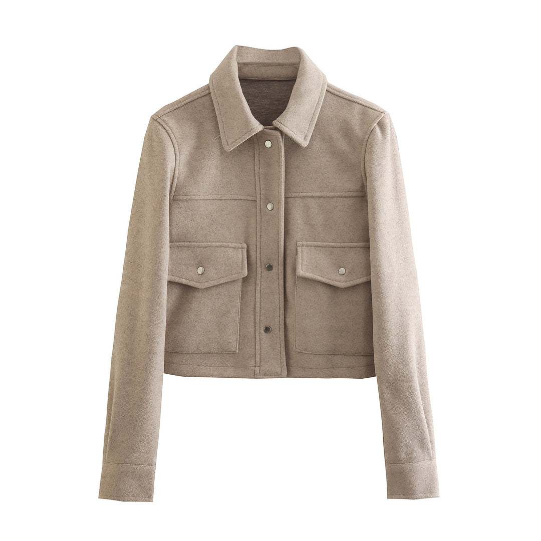 Damen Kurz geschnittene Wolloptik-Jacke mit Pattentaschen und Druckknöpfen Shop Nory