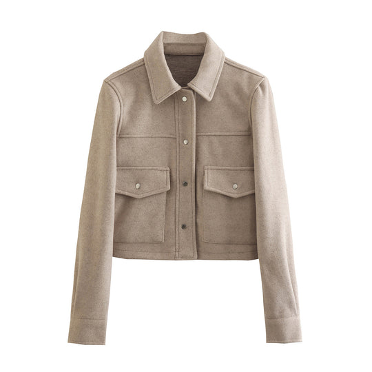 Damen Kurz geschnittene Wolloptik-Jacke mit Pattentaschen und Druckknöpfen Shop Nory