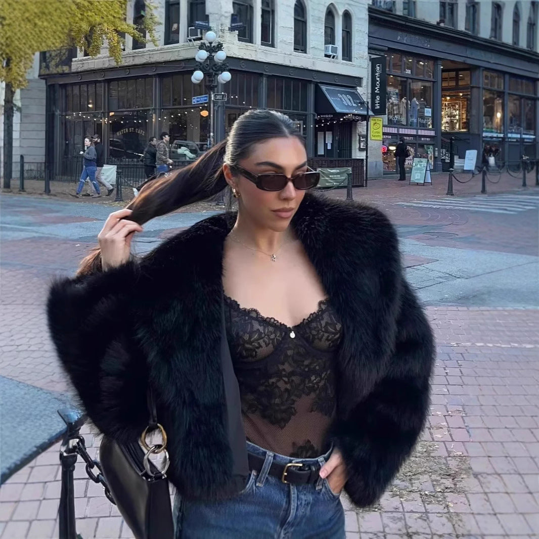 Damen Kurze Cropped Kunstpelzjacke mit voluminösem Schalkragen Shop Nory