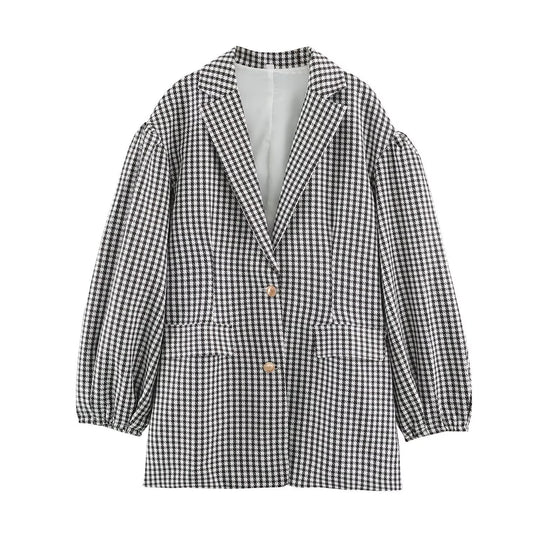 Damen Oversize-Blazer im Hahnentritt‑Muster mit Ballonärmeln und Pattentaschen Shop Nory