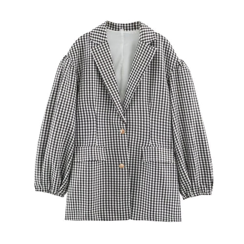 Damen Oversize-Blazer im Hahnentritt‑Muster mit Ballonärmeln und Pattentaschen Shop Nory